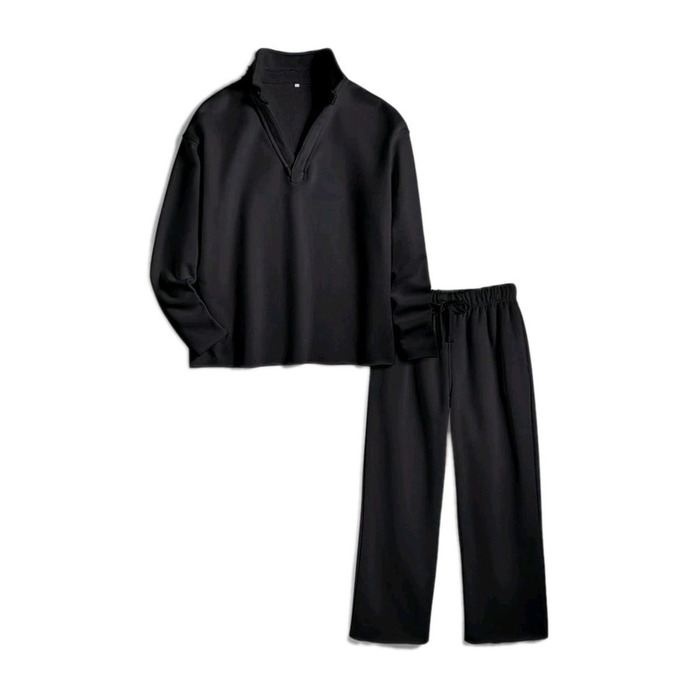Small ~ Casual 2 Piece Sets for Women V Neck Long Sleeve Tops Wide Leg Black